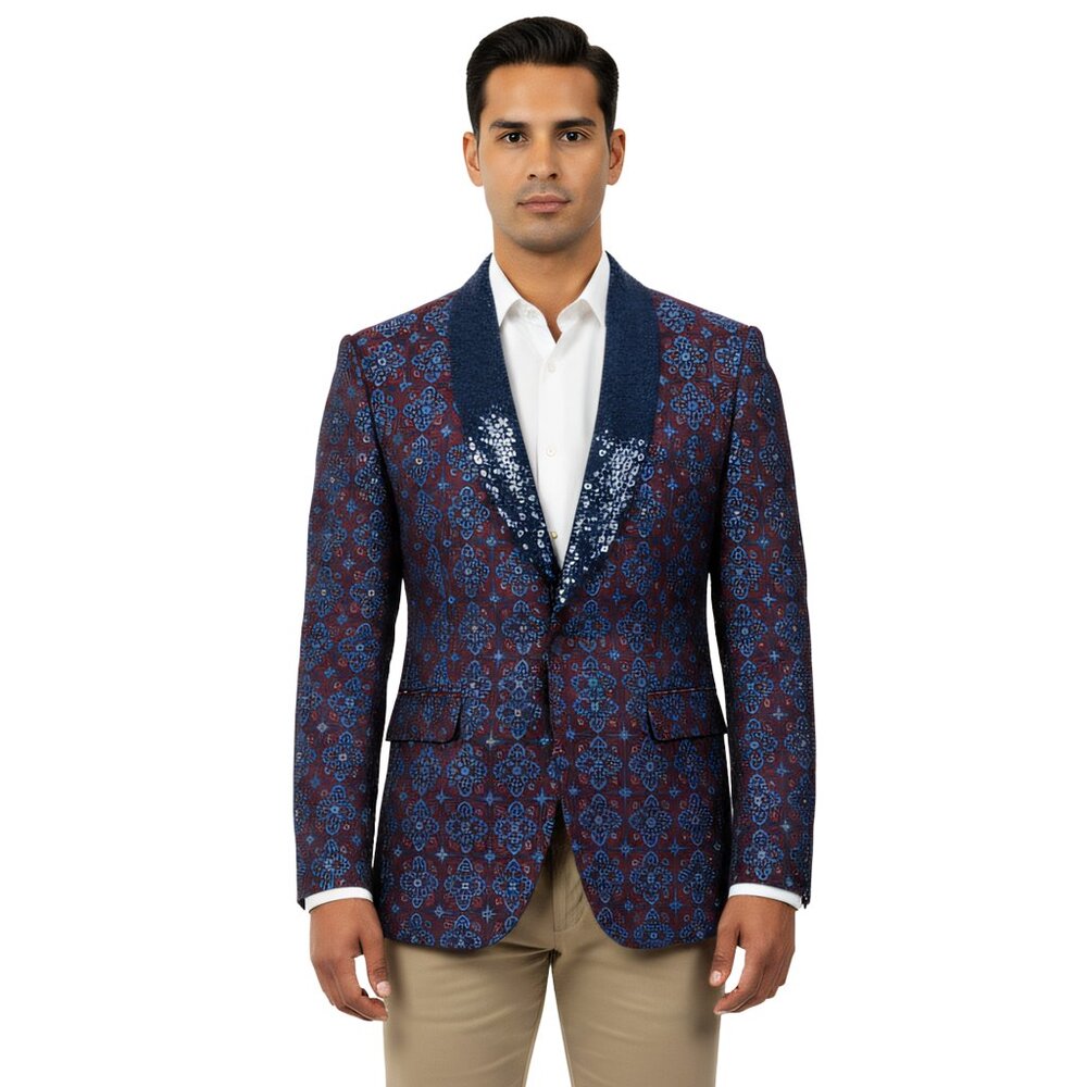 Empire™ Men's Hybrid-Fit Sequin Shawl Collar Blazer – Blue & Red Tile Floral.